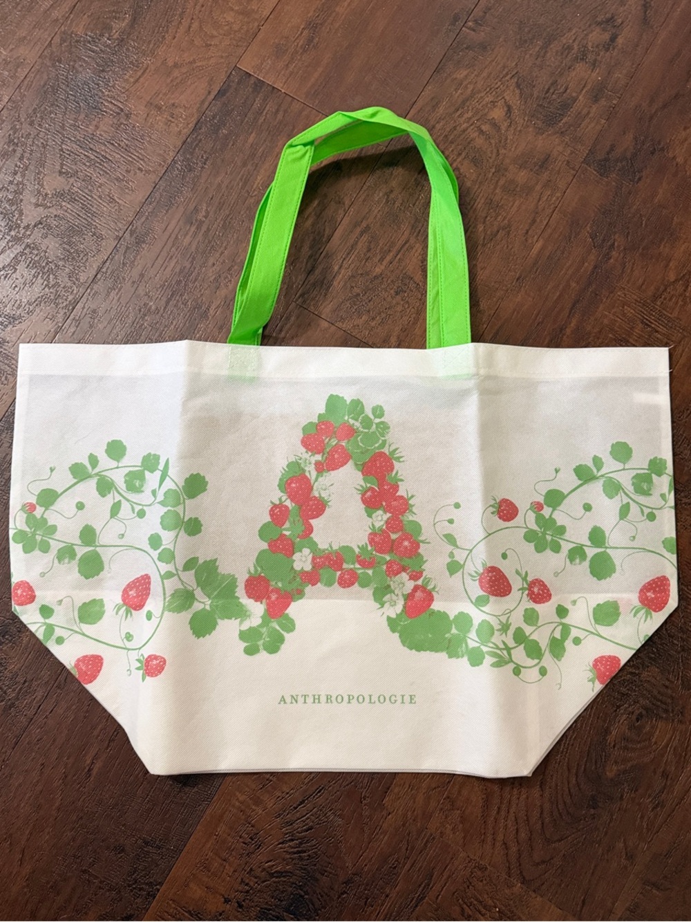 Anthropologie White Tote with Green Handles and Red Floral 'A'